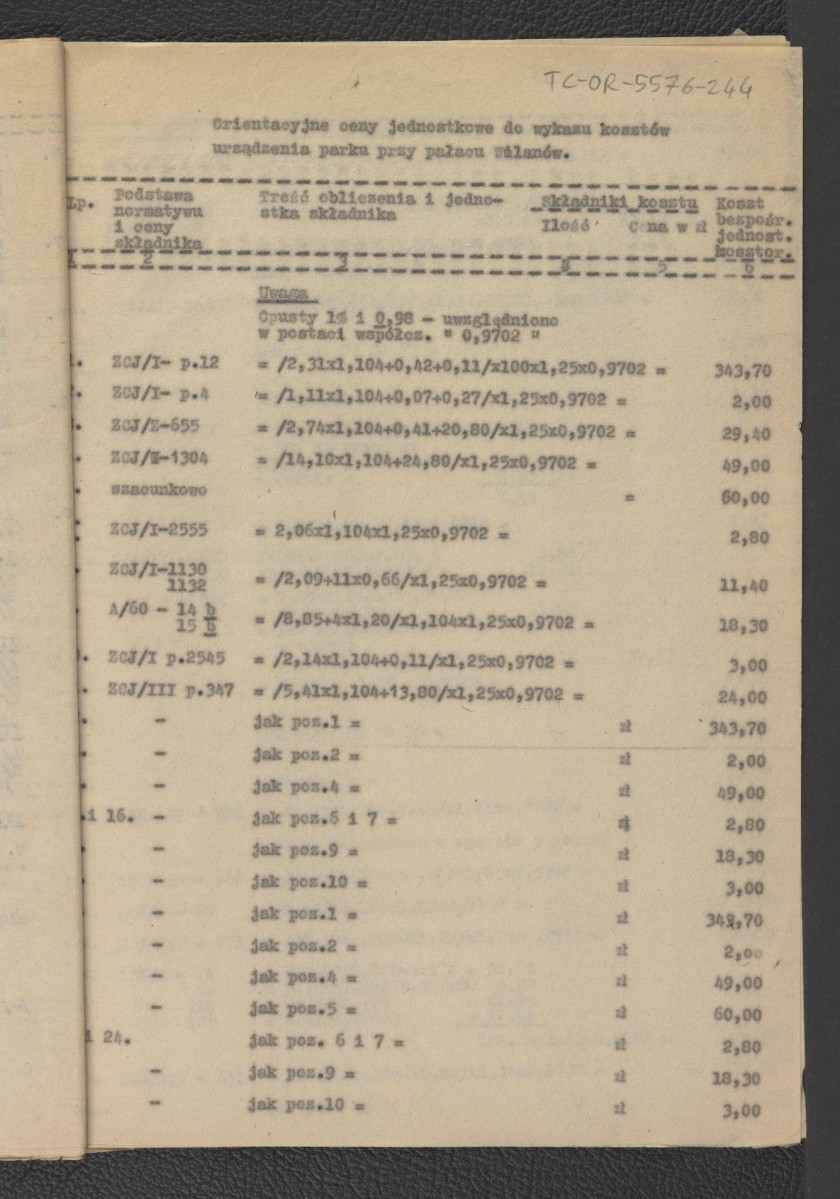 kosztorys orientacyjny do projektu wstępnego rekonstrukcji miejscowego parku; główny projektant – G. Ciołek; opracowanie kosztorysu – J. Dzierżyński                               , skan 13