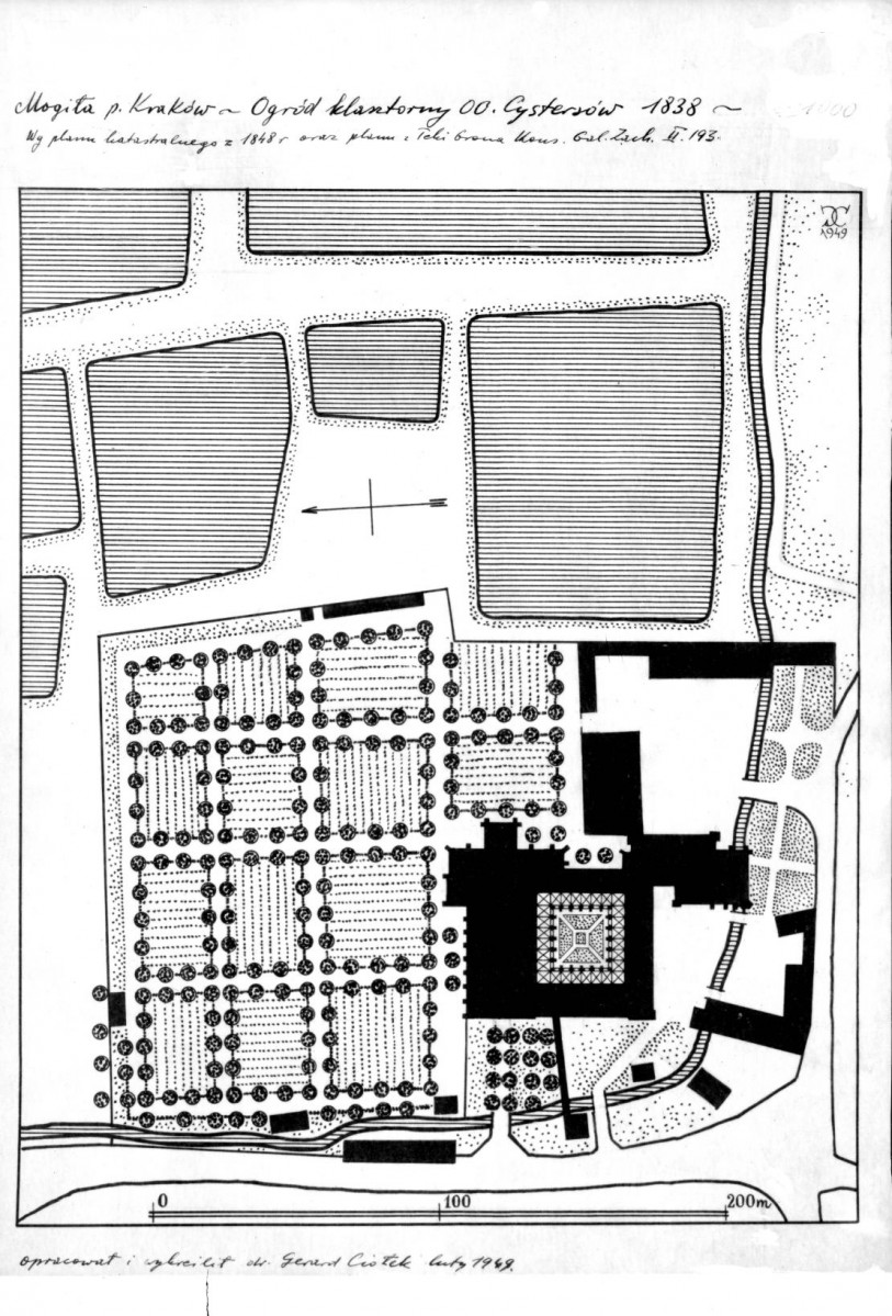 ogród klasztorny Cystersów według plany katastralnego z 1848 r. oraz planu z Teki Grona Konserwatora Galicji Zachodniej II. 193, skan 1