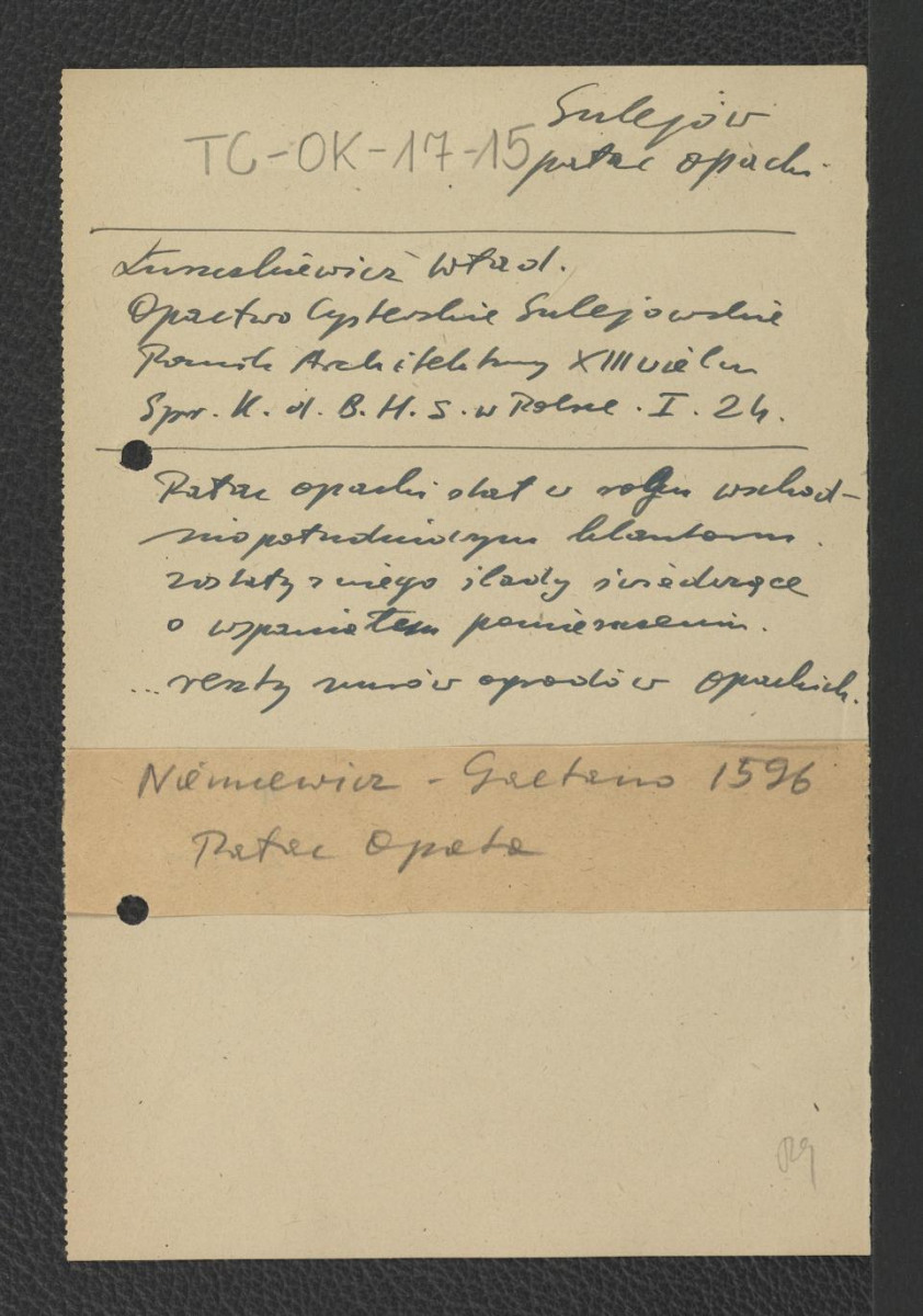odsyłacz do Łuszczkiewicz Władysław, Katalog wzmiankujący Sprawozdanie Konserwatora dla B.H.S. w Polsce I 24 dot. miejscowego pałacu opackiego oraz tamtejszych ogrodów; odsyłacz do Niemcewicz Julian Ursyn, Dyariusz legacji Kardynała Gaetano w roku 1595 o Ujazdowie i Warszawie w: Zbiór pamiętników o dawnej Polszcze, Lips: Breitkopf i Haertel 1839, s. 116-117 wzmiankujący miejscowy pałac opata , skan 1
