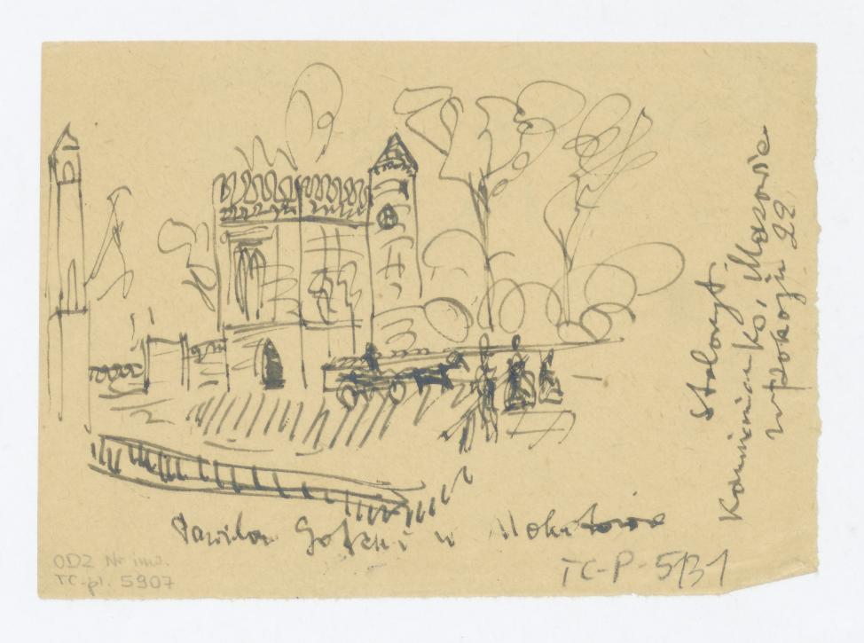 Mokotów - domek "mauretański", widok od strony ulicy. Napisy: Pawilon Gotycki w Mokotowie; staloryt; Kamienica ks. Mazowie w pokoju 22. Przerys, skan 1