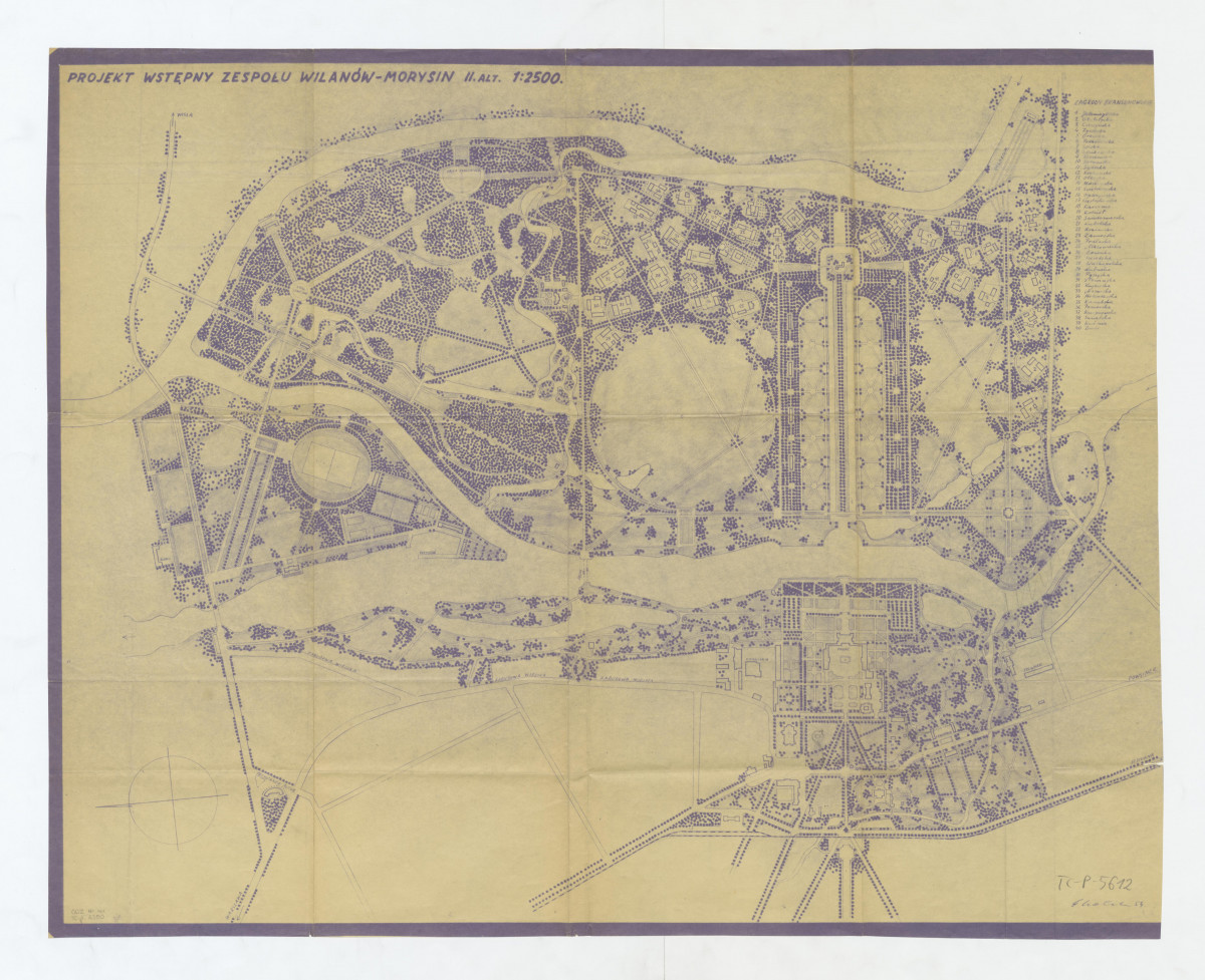 Wilanów-plan sytuacyjny zespołu Wilanów - Morysin, projekt wstępny. Napis: PROJEKT WSTĘPNY ZESPOŁU WILANÓW - MORYSIN II. ALT. 1:2500 Legenda objaśniająca rozmieszczenie chat w planowanym skansenie. Na odwrocie luźne szkice ołówkiem, skan 1