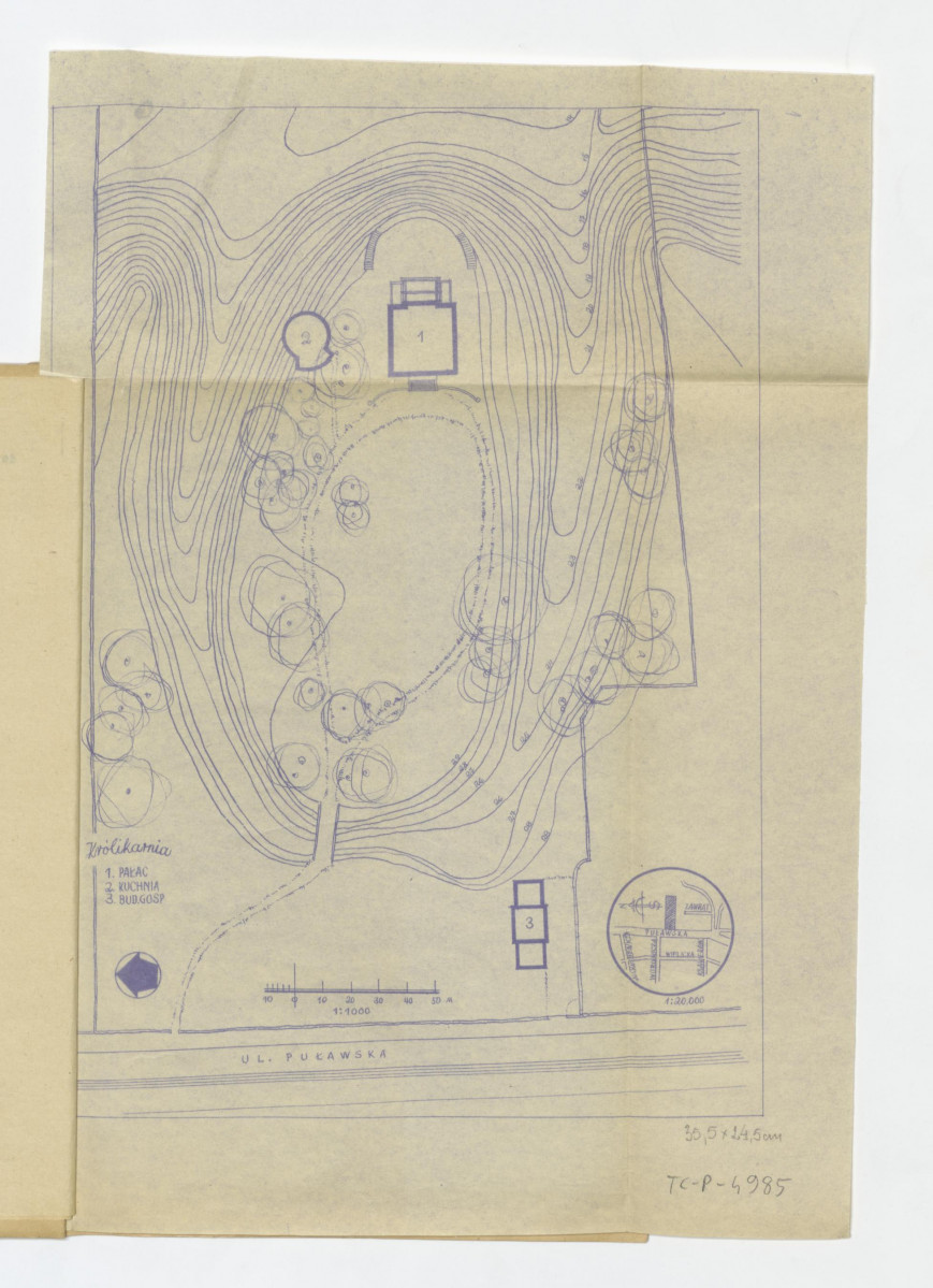 projekt techniczno - roboczy "Kuchni", plan orientacyjny i plan sytuacyjny całości założenia ogrodowego. Oznaczenia cyfrowe, legenda, skan 1