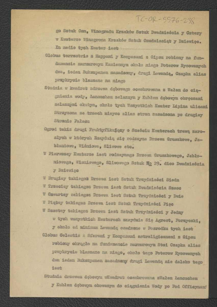 inwentarz Ogrodu Włoskiego Wilanowskiego, Budynku Ogrodniczego iako tez Pomaranczarnicy y Wszelkich Drzew, Drzewek, sprzętów y naczynia Wszystkiego w nim znaydującego się d. 27 Junij A. 1729 na gruncie wypisany; dwanaście kart; brak karty dwóch stron, skan 8
