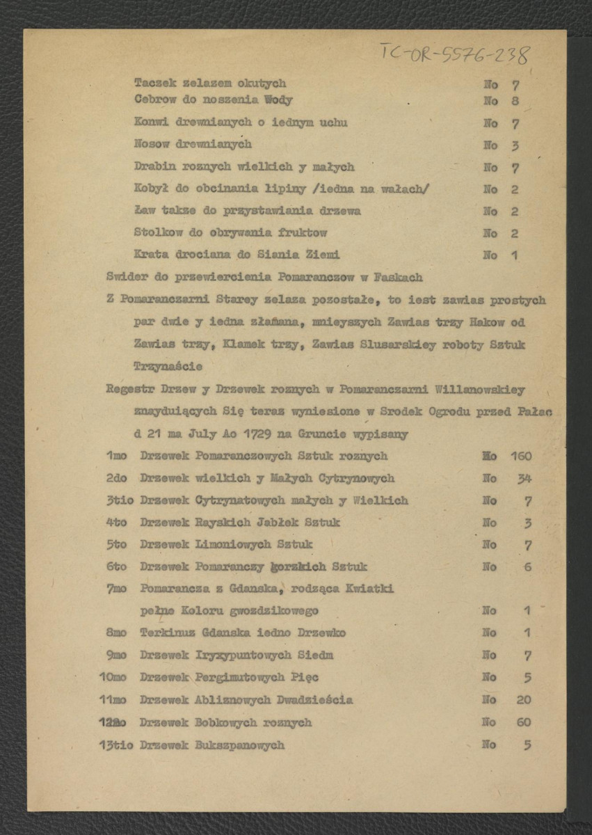 inwentarz Ogrodu Włoskiego Wilanowskiego, Budynku Ogrodniczego iako tez Pomaranczarnicy y Wszelkich Drzew, Drzewek, sprzętów y naczynia Wszystkiego w nim znaydującego się d. 27 Junij A. 1729 na gruncie wypisany; dwanaście kart; brak karty dwóch stron, skan 9