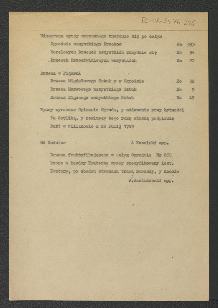 inwentarz Ogrodu Włoskiego Wilanowskiego, Budynku Ogrodniczego iako tez Pomaranczarnicy y Wszelkich Drzew, Drzewek, sprzętów y naczynia Wszystkiego w nim znaydującego się d. 27 Junij A. 1729 na gruncie wypisany; dwanaście kart; brak karty dwóch stron, skan 11