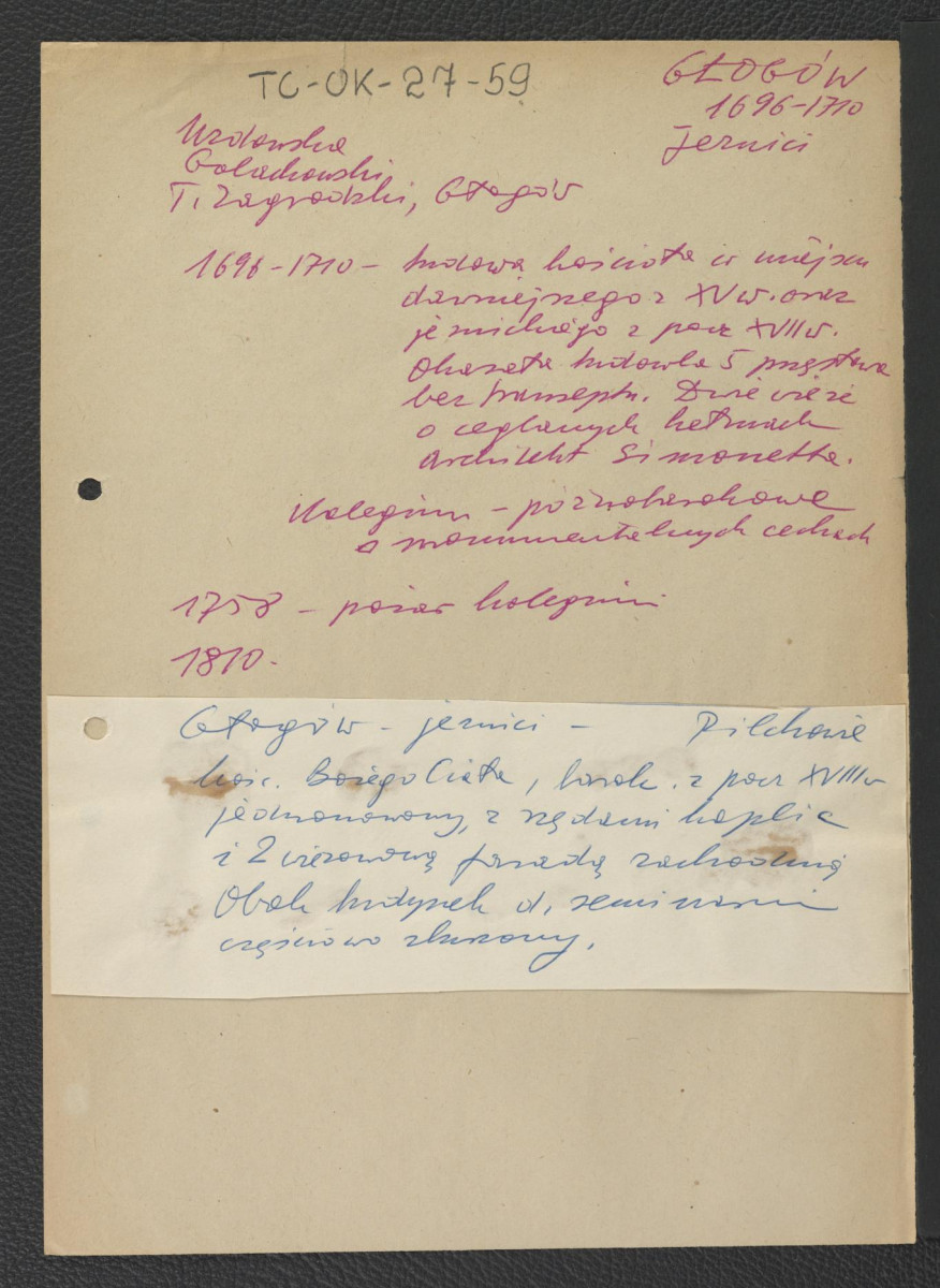wypis z Uzdowska, Golachowski, T. Zagrodzki, Głogów wzmiankujący wzniesienie kościoła (w latach 1696-1710) na miejscu wcześniejszego – z XV w; wzmianka o późnobarokowej architekturze kolegium oraz o pożarze w 1758 r.; wypis z Pilch J., Pilch K., Zabytki Dolnego Śląska, Wrocław 1962 wzmiankujący jednorazowy kościół pod wezwaniem Bożego Ciała z początku XVIII w. oraz częściowo zburzony budynek seminarium, skan 1