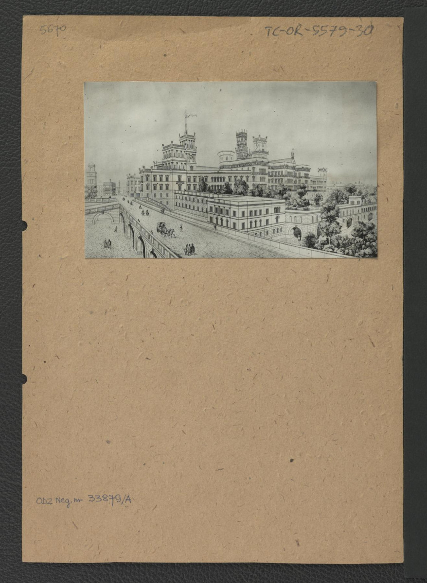 fotografia czarno-biała przedstawiająca hipoteteczny widok odbudowanego zamku, skan 1