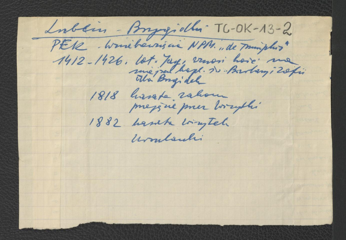 wypis z Podręczna Encyklopedia Kościelna, red. ks. Zygmunt Chełmicki, tom I-XLIV, Warszawa, 1904-1916 wzmiankująca wezwanie kościoła oraz niektóre epizody w jego dziejach począwszy od 1412 roku  kiedy to rozpoczęto wznoszenie tej świątyni, skan 1