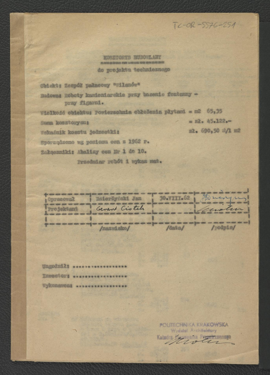 kosztorys budowlany do projektu technicznego opracowanego przez G. Ciołka w lipcu 1962 r.; jedenaście kart , skan 1