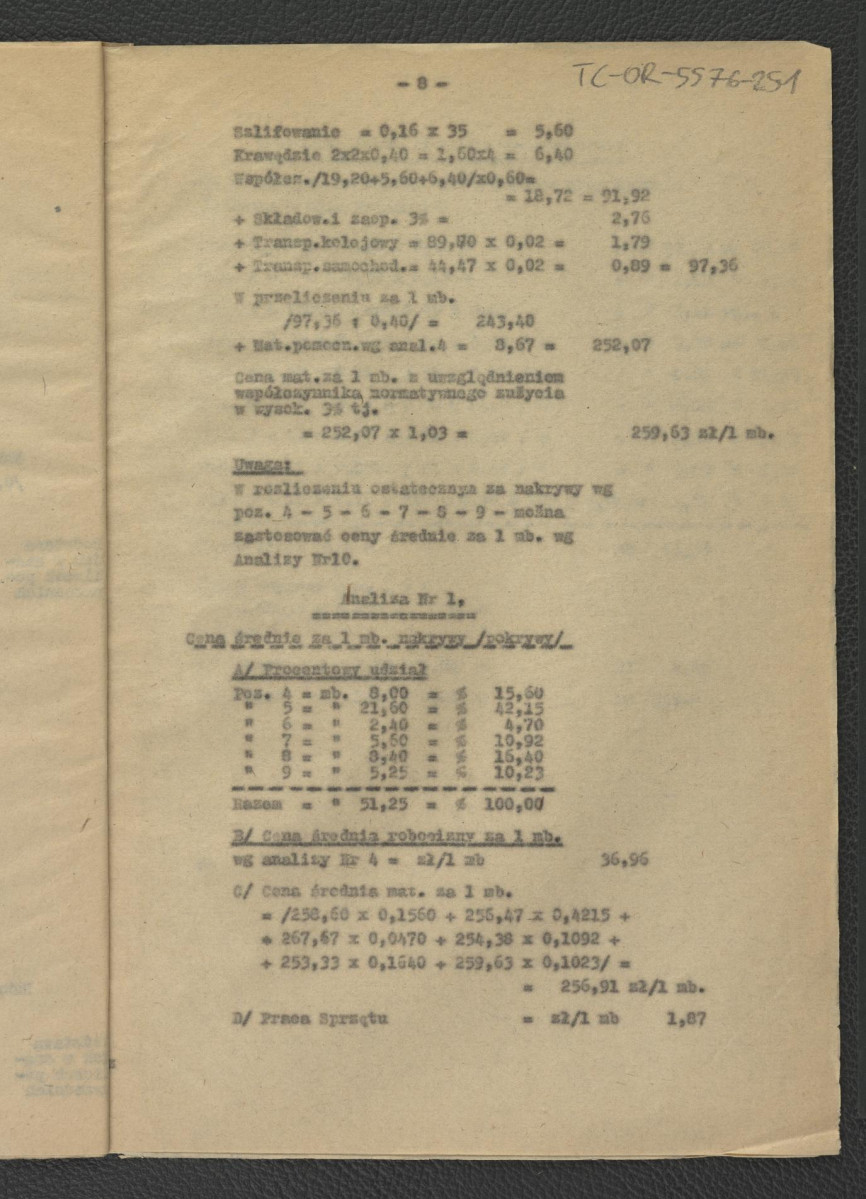 kosztorys budowlany do projektu technicznego opracowanego przez G. Ciołka w lipcu 1962 r.; jedenaście kart , skan 11