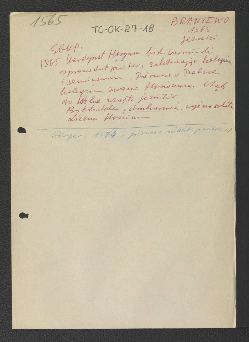 wypis z Słownika Geograficznego Królestwa Polskiego dotyczący sprowadzenia jezuitów przez biskupa warmińskiego Stanisława Hozjusza; odsyłacz do Gloger Zygmunt, Encyklopedia Staropolska, Warszawa 1902 wzmiankujący w wymienionej miejscowość jako pierwszą, polską siedzibę jezuitów , skan 1