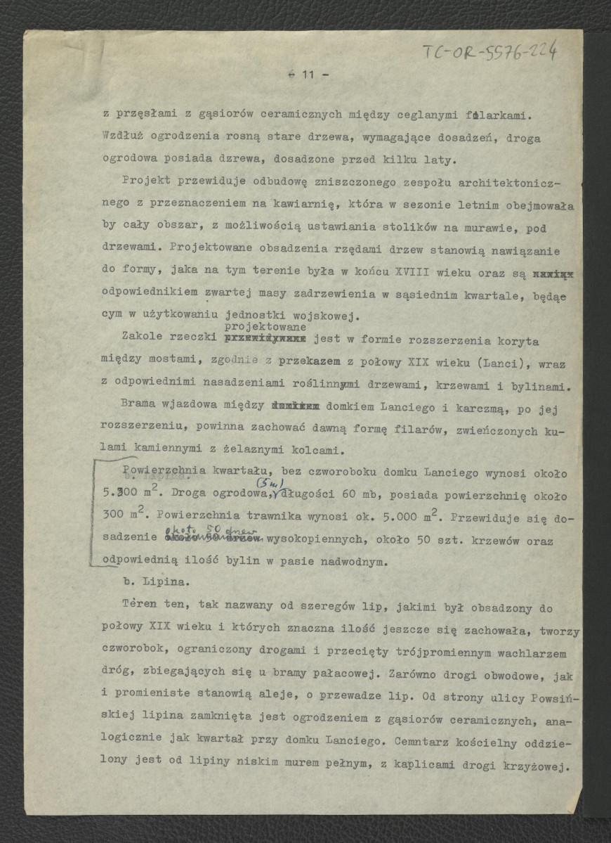 fragment tekstu charakteryzującego projekt odbudowy miejscowego ogrodu; kart dziesięć + dodatkowa karta kopiału strony osiemnastej , skan 1