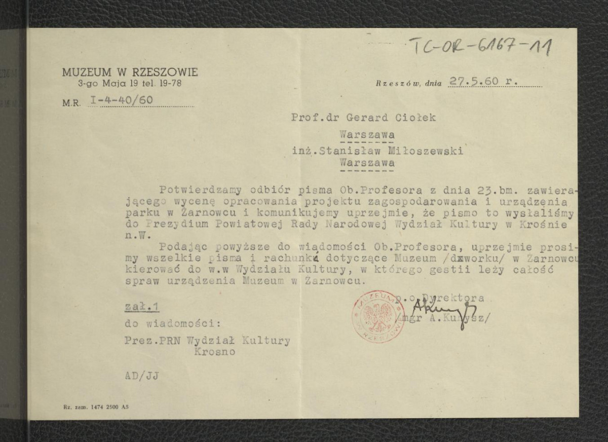 potwierdzenie z 27 maja 1960 r. odbioru pisma G. Ciołka ze strony Muzeum w Rzeszowie , skan 1