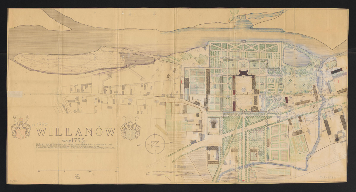 Wilanów-plan sytuacyjny, rekonstrukcja stanu z około 1793 roku. Napisy: WILANÓW OKOŁO 1793; Źródła: 1 . "Planta Generalna  Pałacu wilanowskiego z ogrodem". Rysunek tusz, akwarele, wymiary: 119,5x 92,5 cm. Archiwum Wilanowskie, No 27. 2 . Inwentarz Pałacu Wilanowskiego ... 1793 spisany. Archiwum Wilanowskie ekp. 746., skan 1