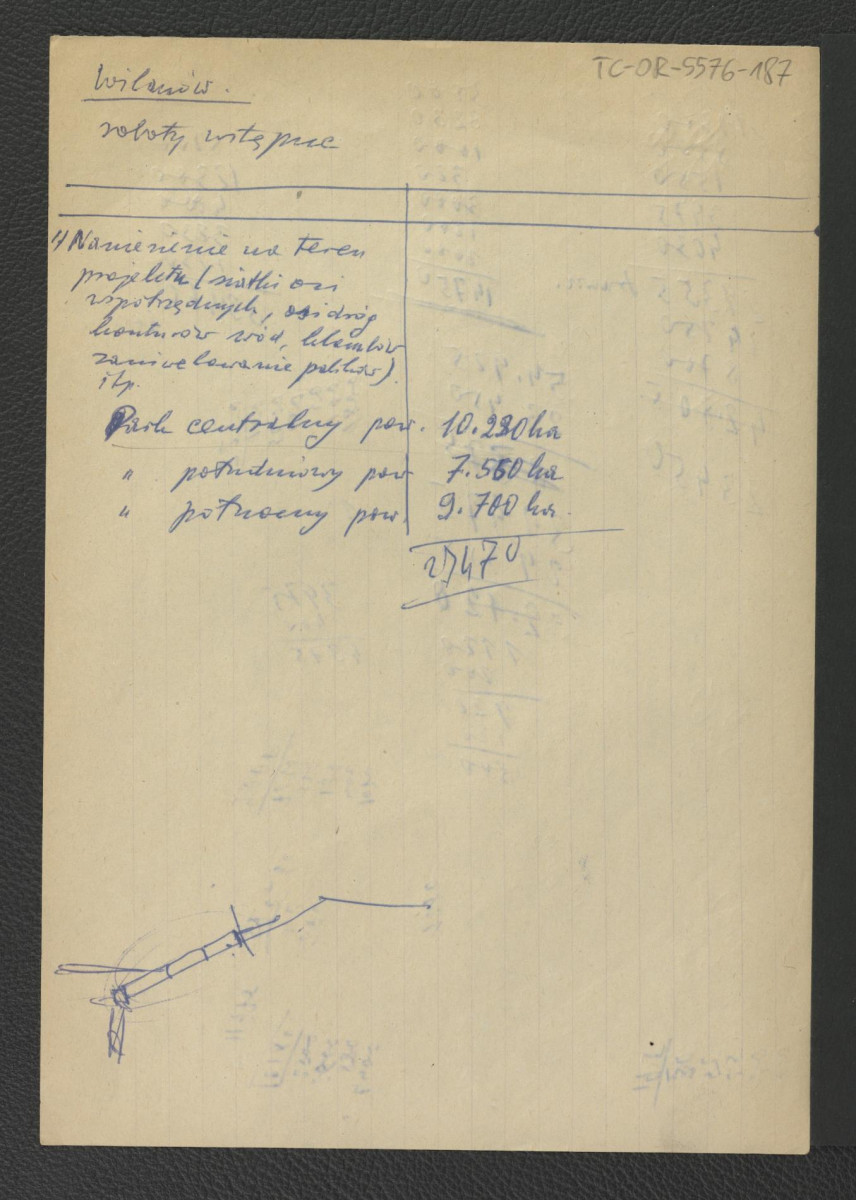 notatki zawierające różnego rodzaju obliczenia związane z renowacją miejscowego zespołu pałacowo-ogrodowego, skan 8