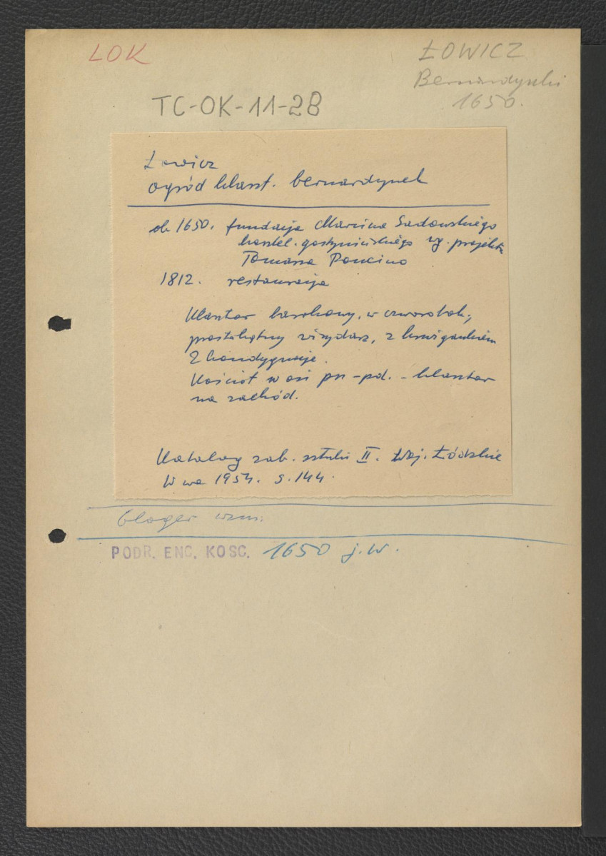 wypis z Katalog Zabytków Sztuki w Polsce: Województwo Łódzkie, tom II, red. Szablowski Jerzy, Warszawa 1954, strona 144 wzmiankujący ufundowanie klasztoru około 1650 roku przez kasztelana gostyńskiego Marcina Sadowskiego według projektu Tomasza Pancino ora, skan 1