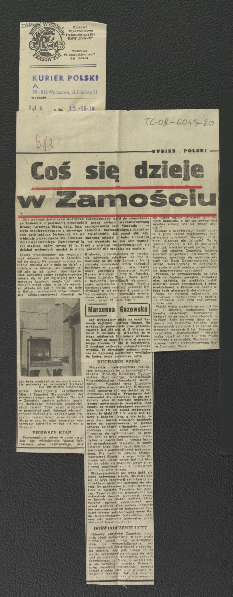 wycinek z „Kuriera Polskiego” nr 244 z 13 listopada 1979 r. zawierający tekst pt. Coś się dzieje w Zamościu , skan 1
