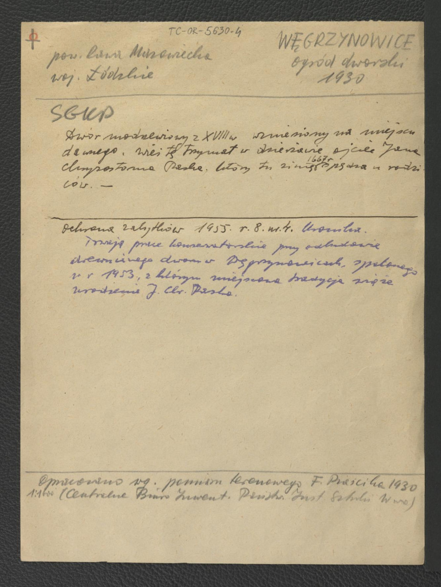 wypis z Słownik Geograficzny Królestwa Polskiego   t. XIII, s. 262 wzmiankujący dwór modrzewiowy wzniesiony w XVIII w. na miejscu poprzedniego; wzmianka o dzierżawieniu wioski przez Jana Chryzostoma Paska; „Ochrona Zabytków” r. VIII, nr 4 (1955) wzmiankujący prace konserwatorskie nad spalonym w 1953 r. dworem                                               , skan 1