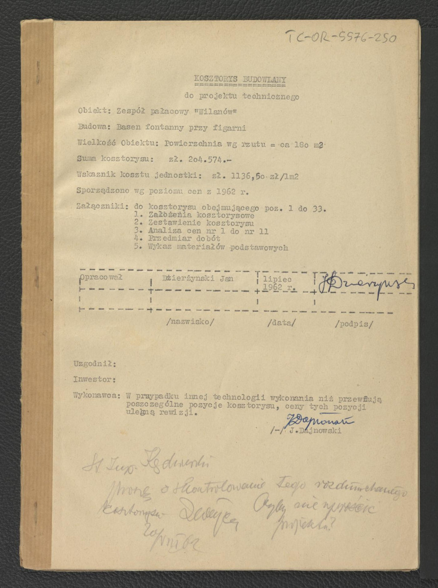 kosztorysy budowlane, założenia do kosztorysu, zestawienie do kosztorysu, analiza, przedmiar robót, wykaz materiałów, fragment opis techniczny G. Ciołka z lipca 1962 r.; dwadzieścia jeden kart, skan 1