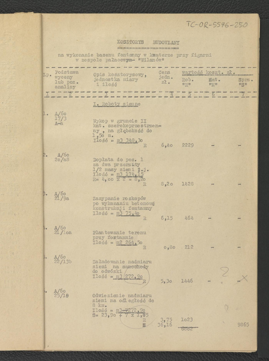 kosztorysy budowlane, założenia do kosztorysu, zestawienie do kosztorysu, analiza, przedmiar robót, wykaz materiałów, fragment opis techniczny G. Ciołka z lipca 1962 r.; dwadzieścia jeden kart, skan 7