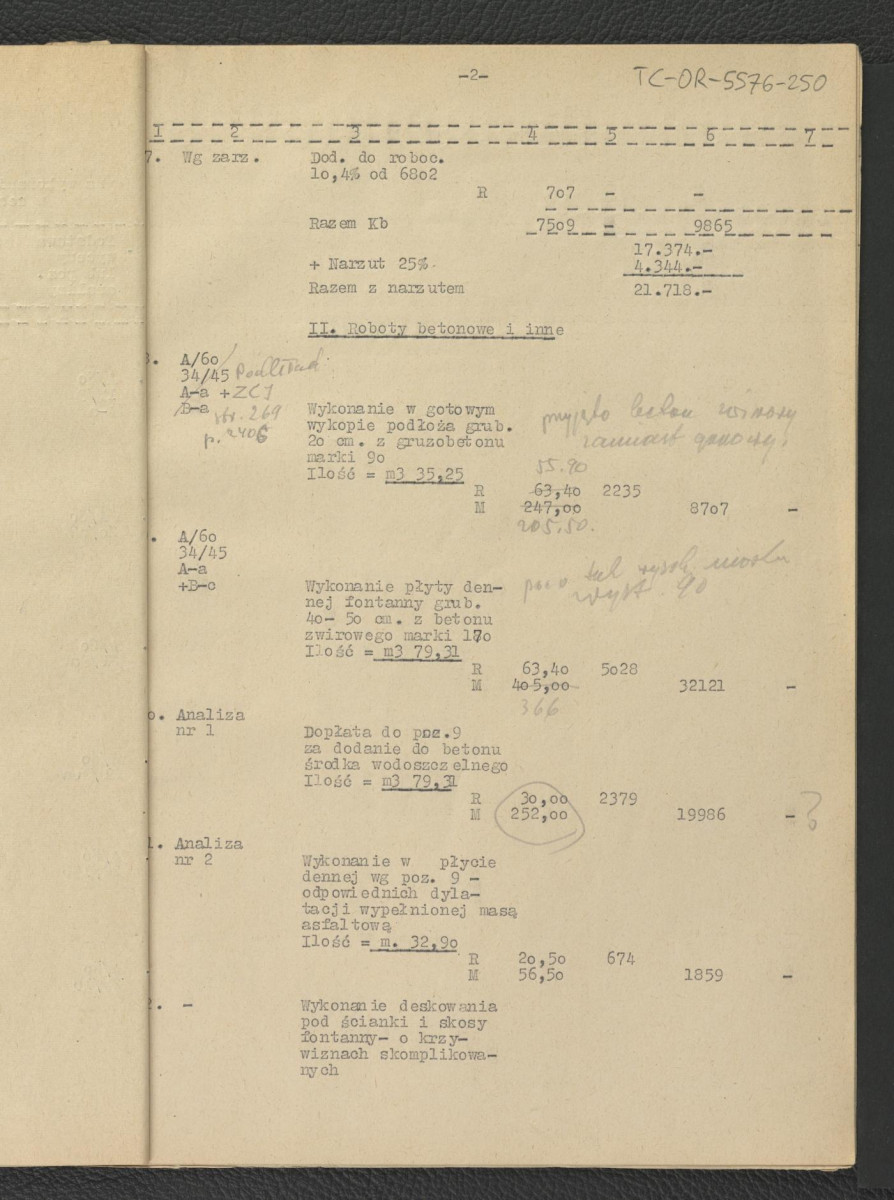 kosztorysy budowlane, założenia do kosztorysu, zestawienie do kosztorysu, analiza, przedmiar robót, wykaz materiałów, fragment opis techniczny G. Ciołka z lipca 1962 r.; dwadzieścia jeden kart, skan 8