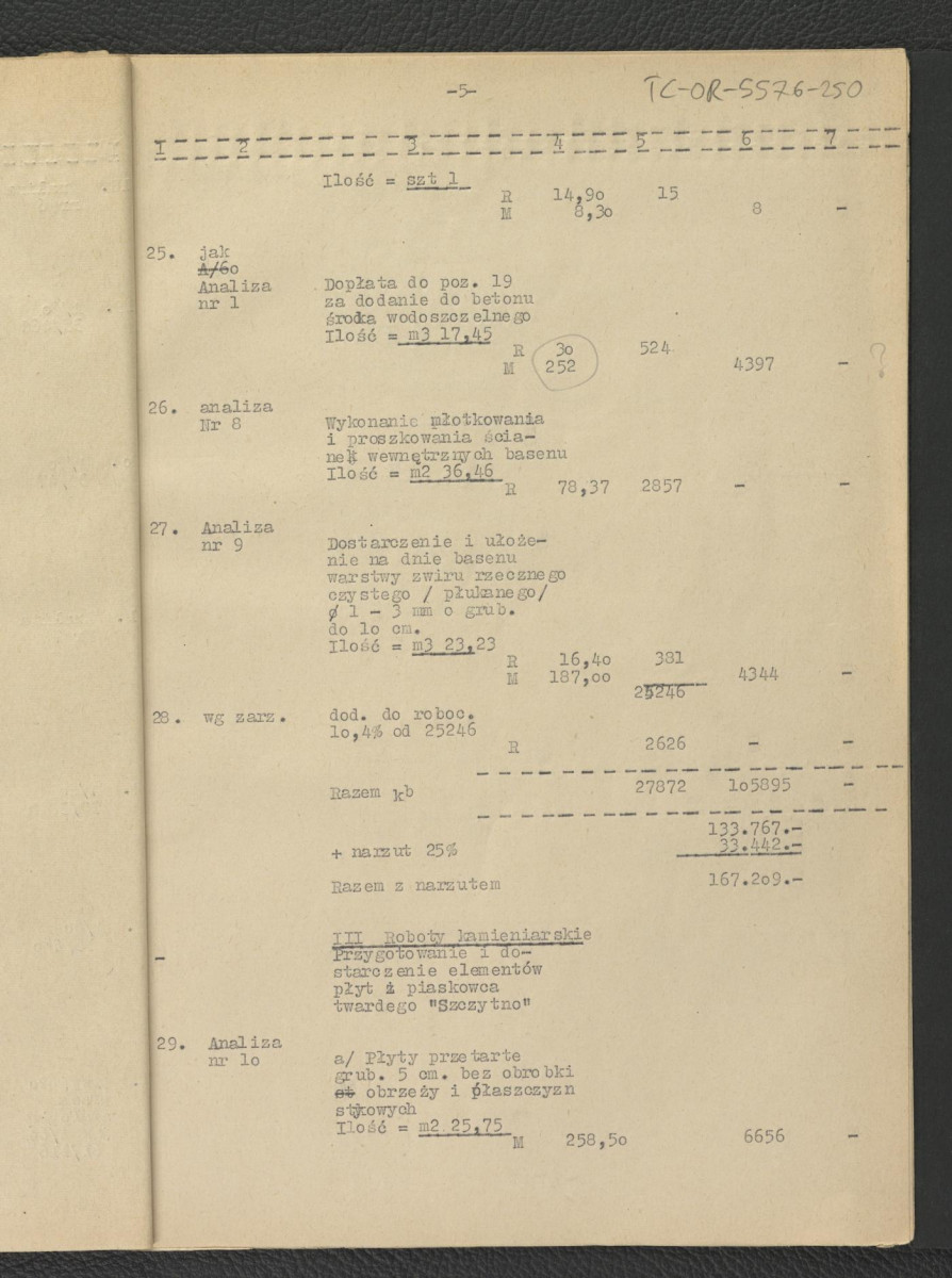 kosztorysy budowlane, założenia do kosztorysu, zestawienie do kosztorysu, analiza, przedmiar robót, wykaz materiałów, fragment opis techniczny G. Ciołka z lipca 1962 r.; dwadzieścia jeden kart, skan 11