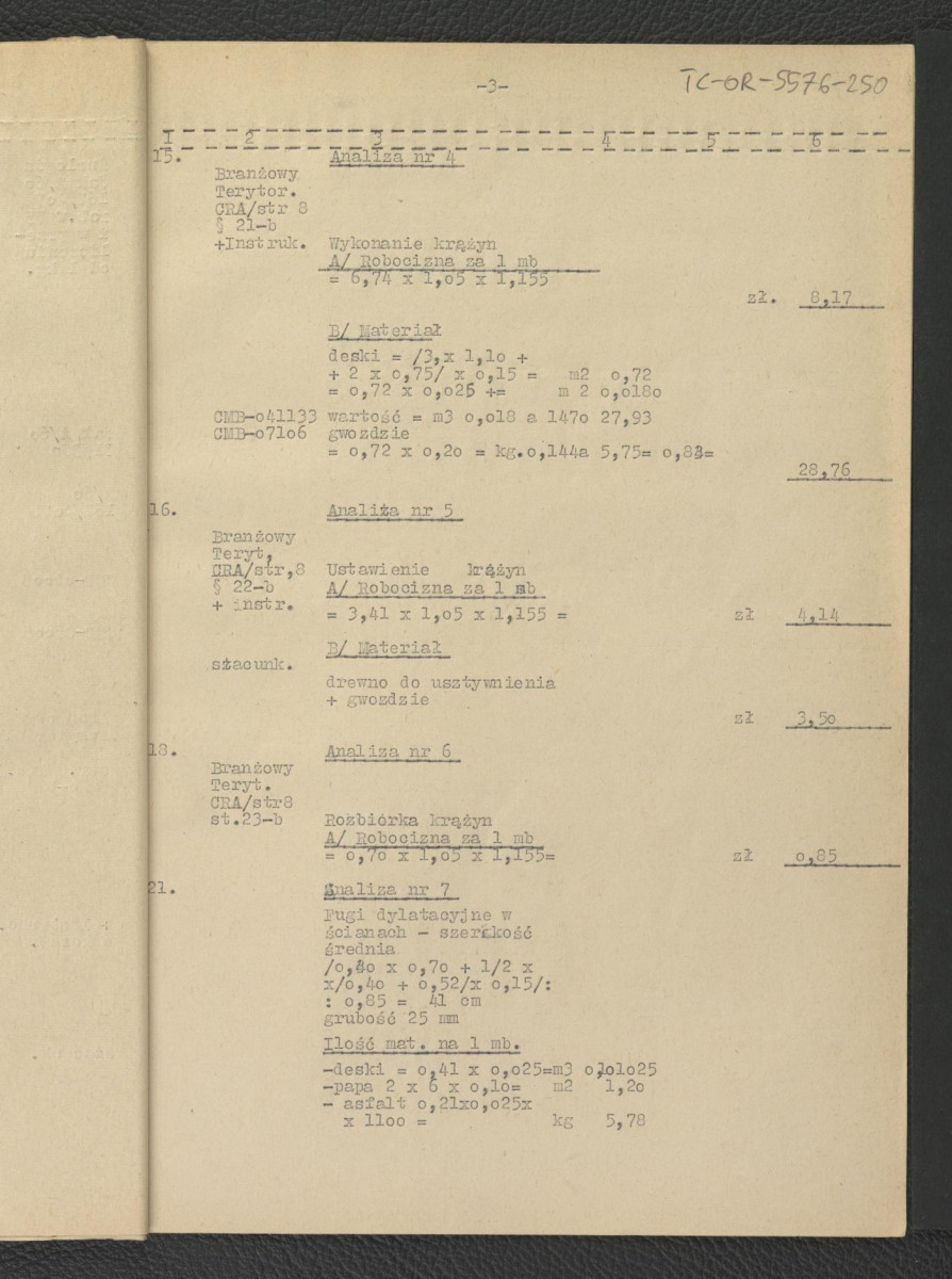 kosztorysy budowlane, założenia do kosztorysu, zestawienie do kosztorysu, analiza, przedmiar robót, wykaz materiałów, fragment opis techniczny G. Ciołka z lipca 1962 r.; dwadzieścia jeden kart, skan 15