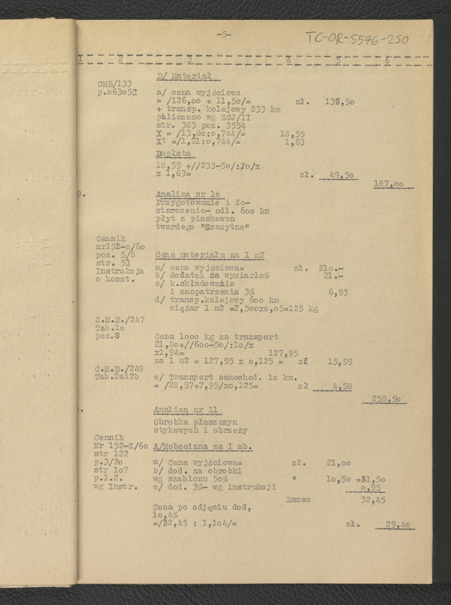 kosztorysy budowlane, założenia do kosztorysu, zestawienie do kosztorysu, analiza, przedmiar robót, wykaz materiałów, fragment opis techniczny G. Ciołka z lipca 1962 r.; dwadzieścia jeden kart, skan 17