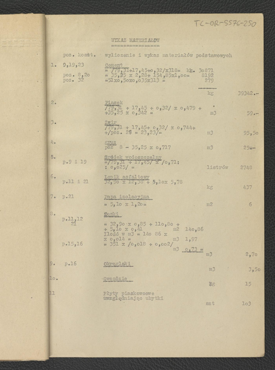 kosztorysy budowlane, założenia do kosztorysu, zestawienie do kosztorysu, analiza, przedmiar robót, wykaz materiałów, fragment opis techniczny G. Ciołka z lipca 1962 r.; dwadzieścia jeden kart, skan 21