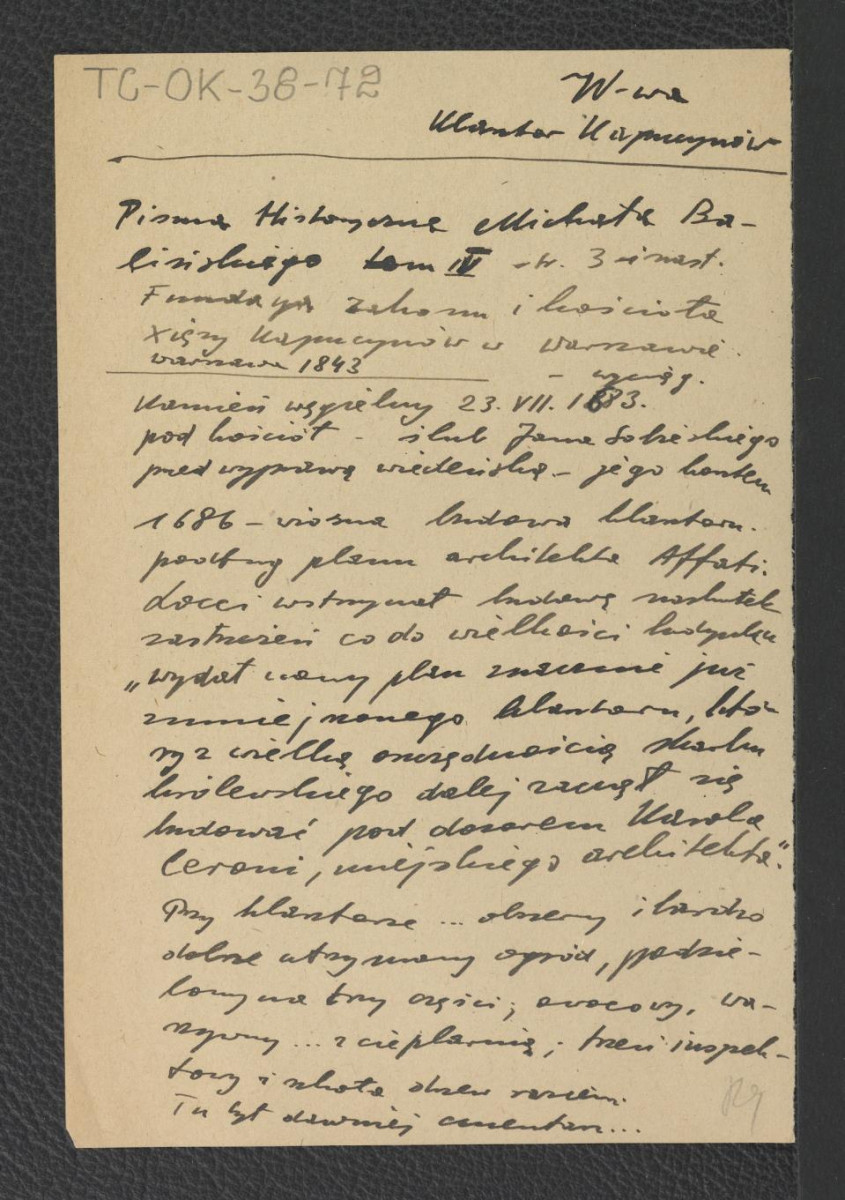 wypis z Pisma historyczne Michała Balińskiego, t. IV, s. 3 dot. ufundowania miejscowego klasztoru oraz jego usytuowania , skan 1