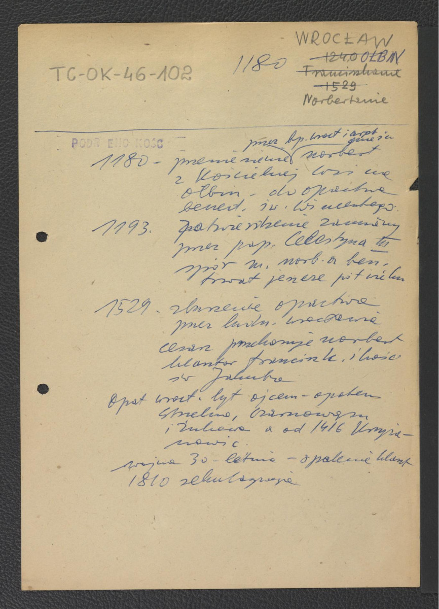 wypis z Podręczna Encyklopedia Kościelna, red. ks. Zygmunt Chełmicki, t. I-XLIV, Warszawa, 1904-1916 zawierający ważniejsze daty w dziejach miejscowego klasztoru począwszy od roku 1180 kiedy to za sprawą biskupa wrocławskiego i arcybiskupa gnieźnieńskiego osadzono tu norbertanki , skan 1