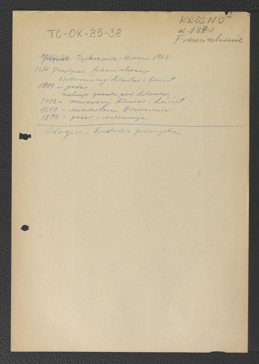 wypis z ŻychiewiczTadeusz, Krosno, 1953 zawierający zwięzłą chronologię miejscowego klasztoru począwszy od przybycia franciszkanów w 1370 r.; odsyłacz do Gloger Zygmunt, Encyklopedia Staropolska, Warszawa 1902 wzmiankujący przynależność miejscowego opactwa od kustodii przemyskiej, skan 1