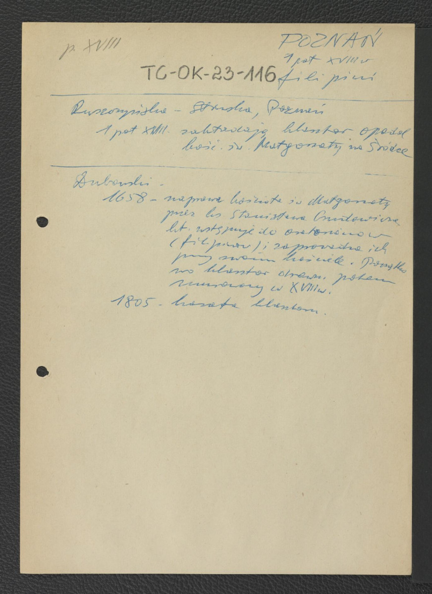 wypis z Ruszczyńska-Stawska Teresa, Poznań wzmiankująca założenie klasztoru nieopodal kościoła św. Małgorzaty w pierwszej poł. XVII w.; Dubalski zawier. wzmiankę o naprawię kościoła św. Małgorzaty w 1658 r. z inicjatywy ks. Stanisława Grudowicza w 1658 r. oraz o kasacie klasztoru w 1805 r.                                      , skan 1