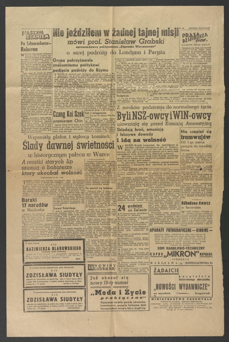karta z „Expressu Wieczornego” z 3 marca 1947 r. – nr 60 (280) zawierający artykuł pt. Miejsce urodzenia Pułaskiego podniesie się z gruzów. Amerykanie odbudują Warkę    , skan 2