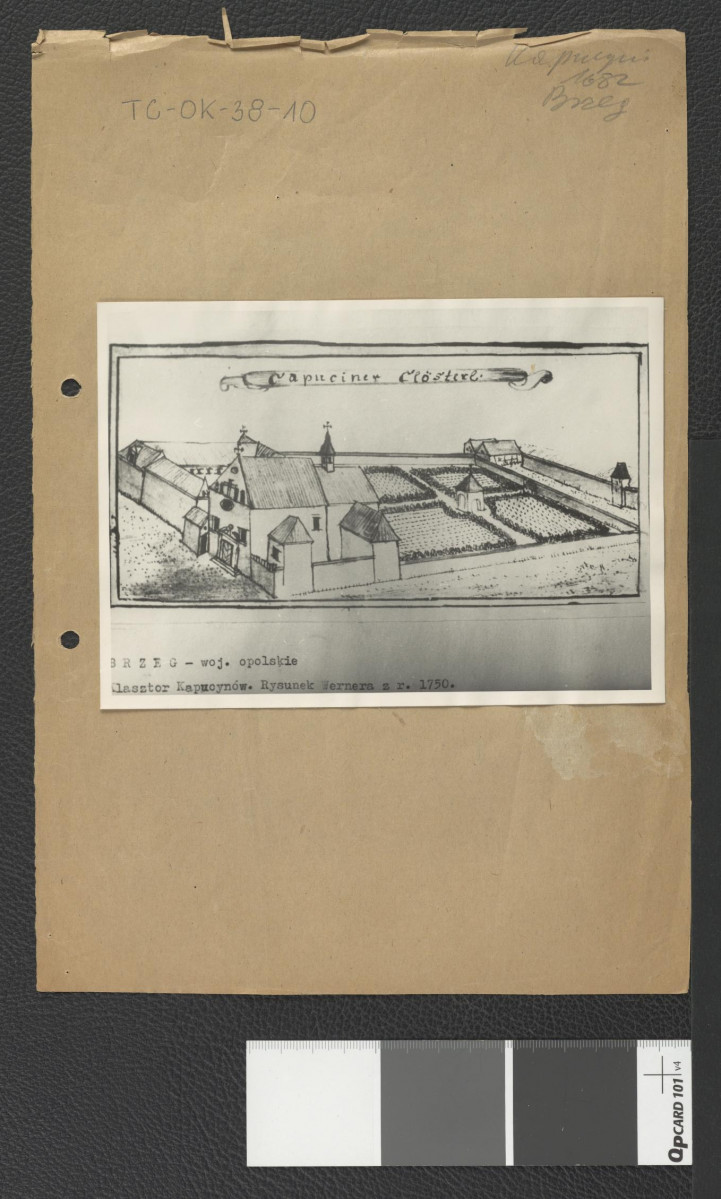 reprodukcja ryciny z Wernher Friedrich Bernhard, Topografia Śląska, 1744-1768 przedstawiająca widok z tzw. lotu ptaka na zabudowania w wymienionej miejscowości w tym także miejscowy klasztor, skan 1