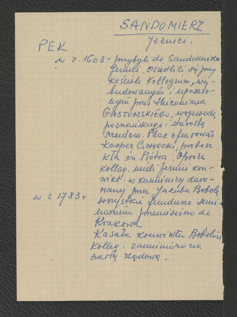 wypis z Podręczna Encyklopedia Kościelna, red. ks. Zygmunt Chełmicki, t. I-XLIV, Warszawa, 1904-1916 wzmiankujący przybycie jezuitów do Sandomierza ok. 1603 r. oraz przeniesienie funduszy skasowanego zgromadzenia do Krakowa , skan 2