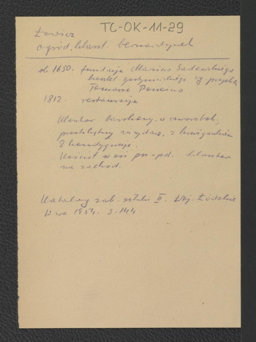 kopiał z wypisu z Katalog Zabytków Sztuki w Polsce: Województwo Łódzkie, tom II, red. Szablowski Jerzy, Warszawa 1954, strona 144 wzmiankujący ufundowanie klasztoru około 1650 roku przez kasztelana gostyńskiego Marcina Sadowskiego według projektu Tomasza P, skan 1