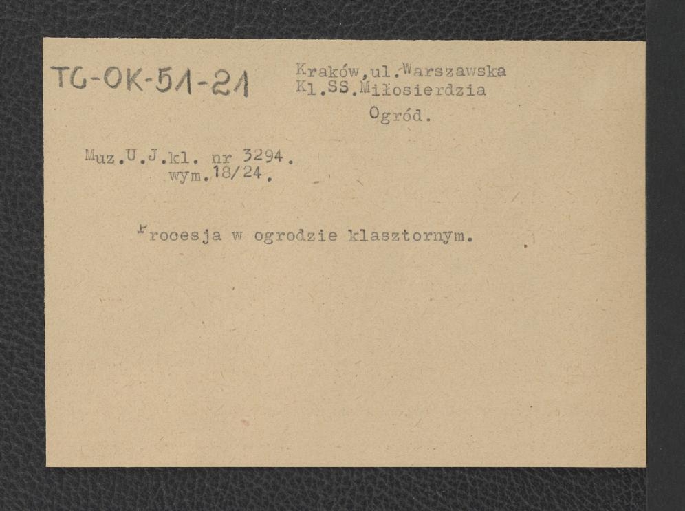karta opisowa do niezachowanej w obwolucie reprodukcję ryciny przedstawiająca procesję w ogrodzie klasztornym                                              , skan 1