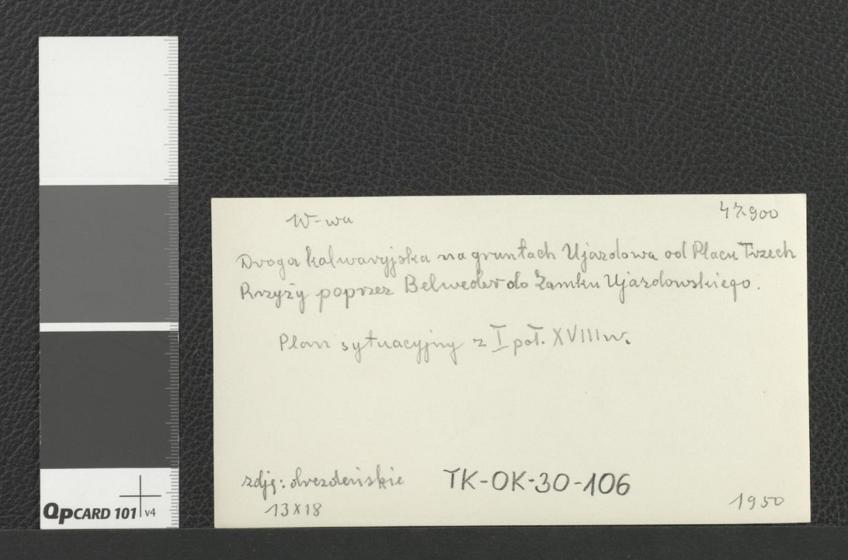 droga kalwaryjska na gruntach Ujazdowa od Placu Trzech Krzyży poprzez Belweder do Zamku Ujazdowskiego; plan sytuacyjny z pierwszej poł. XVIII w.; wykonana prawdopodobnie w 1950 r.; z zasobu Archiwum Drezdeńskiego                  , skan 2