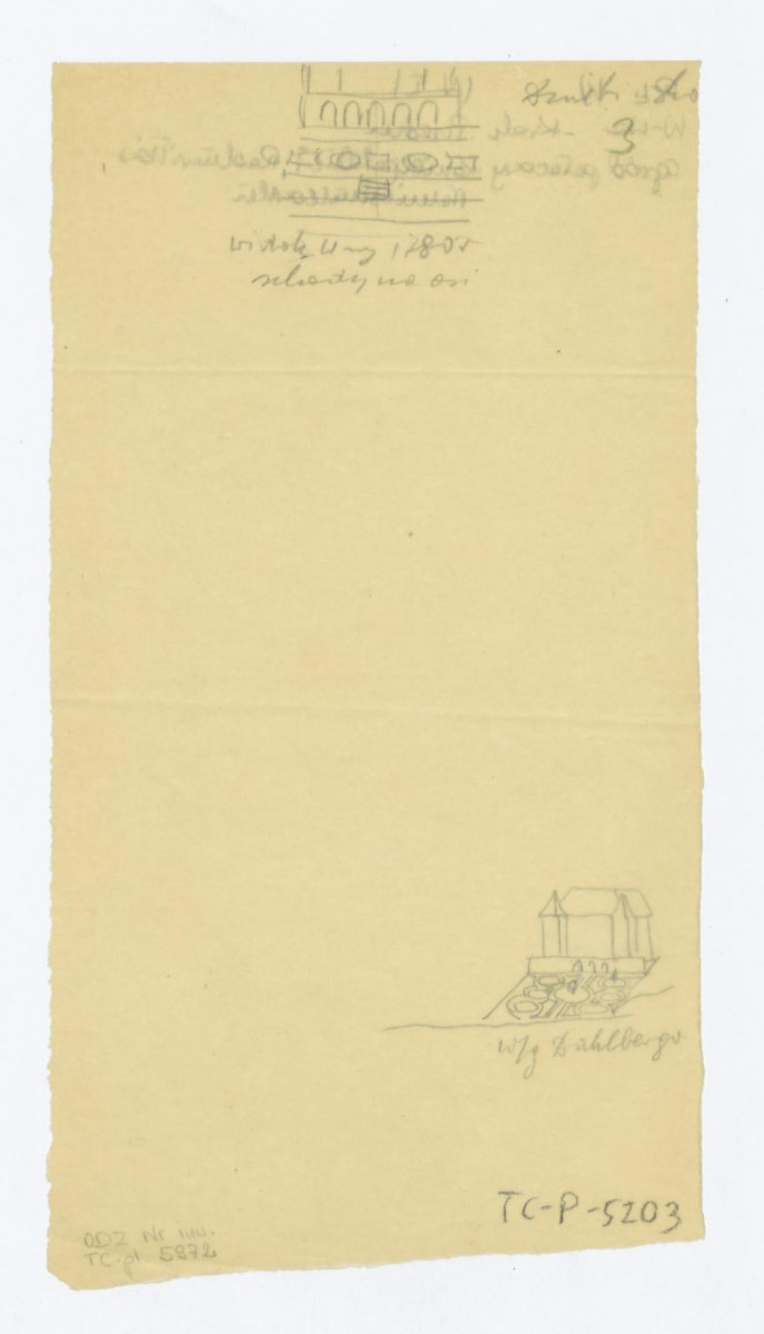 Pałac Namiestnikowski-"1. szkic elewacji. Napisy: widok Warszawy 1780 rok; schody na osi 2. szkic elewacji i ogrodu. Napis: według Dahlberga", skan 1