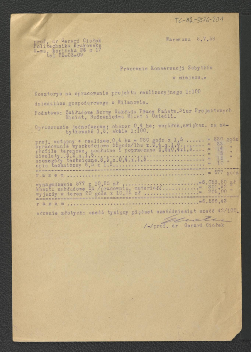kosztorys na opracowanie projektu wstępnego i realizacyjnego ogrodu przed oranżerią oraz kosztorys na opracowanie projektu realizacyjnego 1:100 z 5 maja 1958 r.; obliczenia związane z ogrodem przed oranżerią, dziedzińcem oraz ogrodem południowym; pozostałe notatki, skan 2
