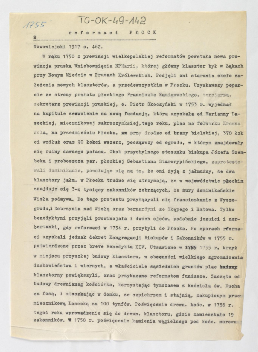 wypisy z Nowomiejski, 1917, s. 462 zawierające zarys dziejów miejscowego klasztoru, skan 1