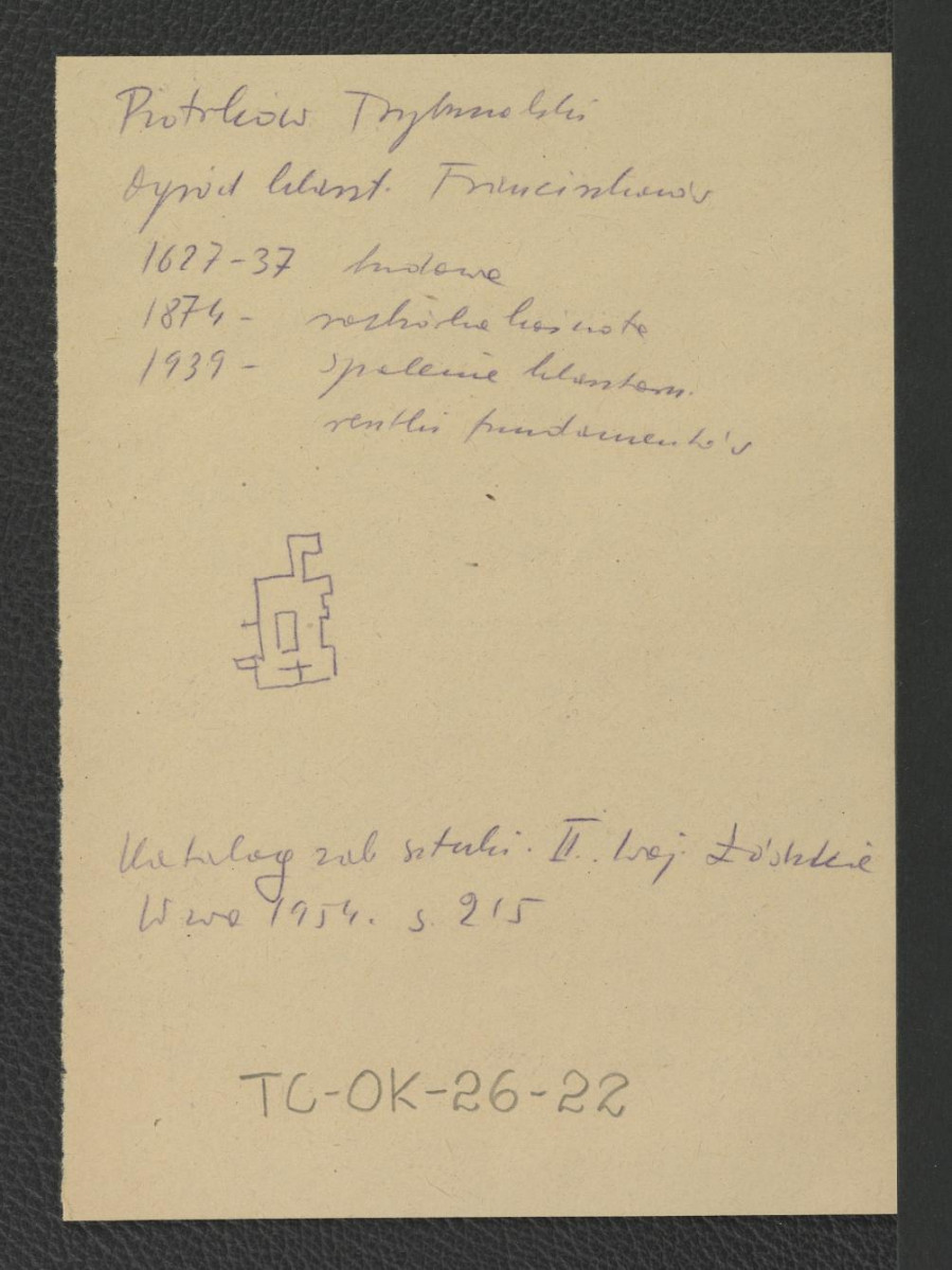 odsyłacz do Gloger Zygmunt, Encyklopedia Staropolska, Warszawa 1902; wypis z Katalog Zabytków Sztuki w Polsce: Woj. Łódzkie, t. II, red. Szablowski Jerzy, Warszawa 1954, s. 215 zawierający zwięzłą chronologię miejscowego klasztoru począwszy od 1627 r. kiedy to rozpoczęto budowę opactwa; zawiera szkicowy plan obiektu                              , skan 2