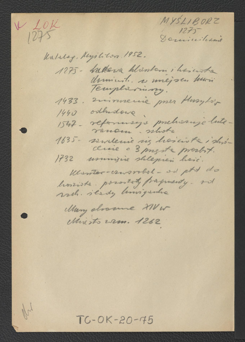 wypis z Katalogu Zabytków Sztuki z 1952 r. zawierający chronologię miejscowego klasztoru począwszy od 1275 r. kiedy to zaistniał klasztor na miejscu dawnego zgromadzenia Templariuszy , skan 1