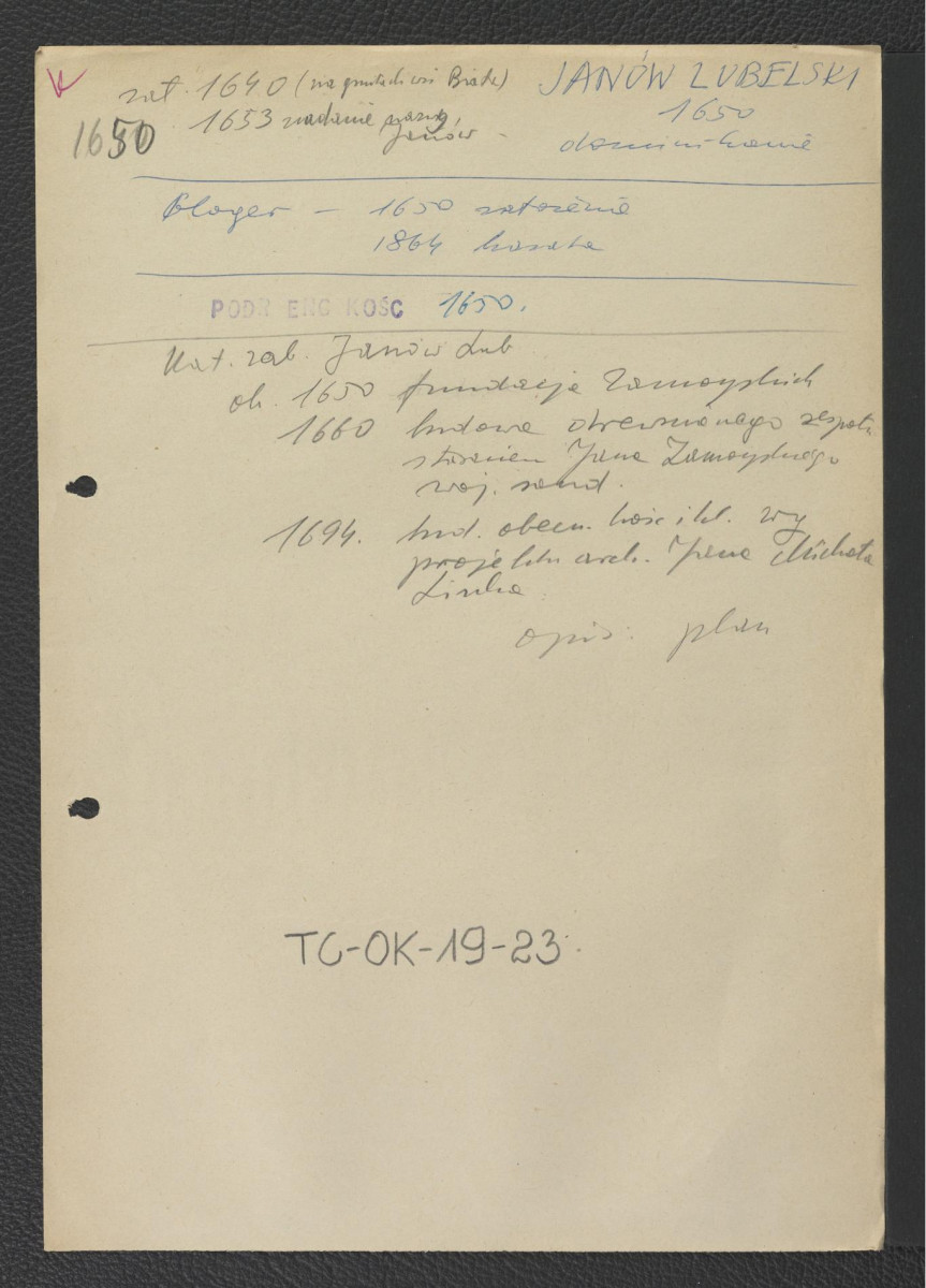 odsyłacz do Gloger Zygmunt, Encyklopedia Staropolska, Warszawa 1902 wzmiankujace zaistnienie klasztoru około 1650 r. oraz jego kasatę w 1864 r.; wypis z Katalogu Zabytków-Janów Lubelski zawierający zwięzłą chronologię miejscowego założenia począwszy od roku jego założenia , skan 1