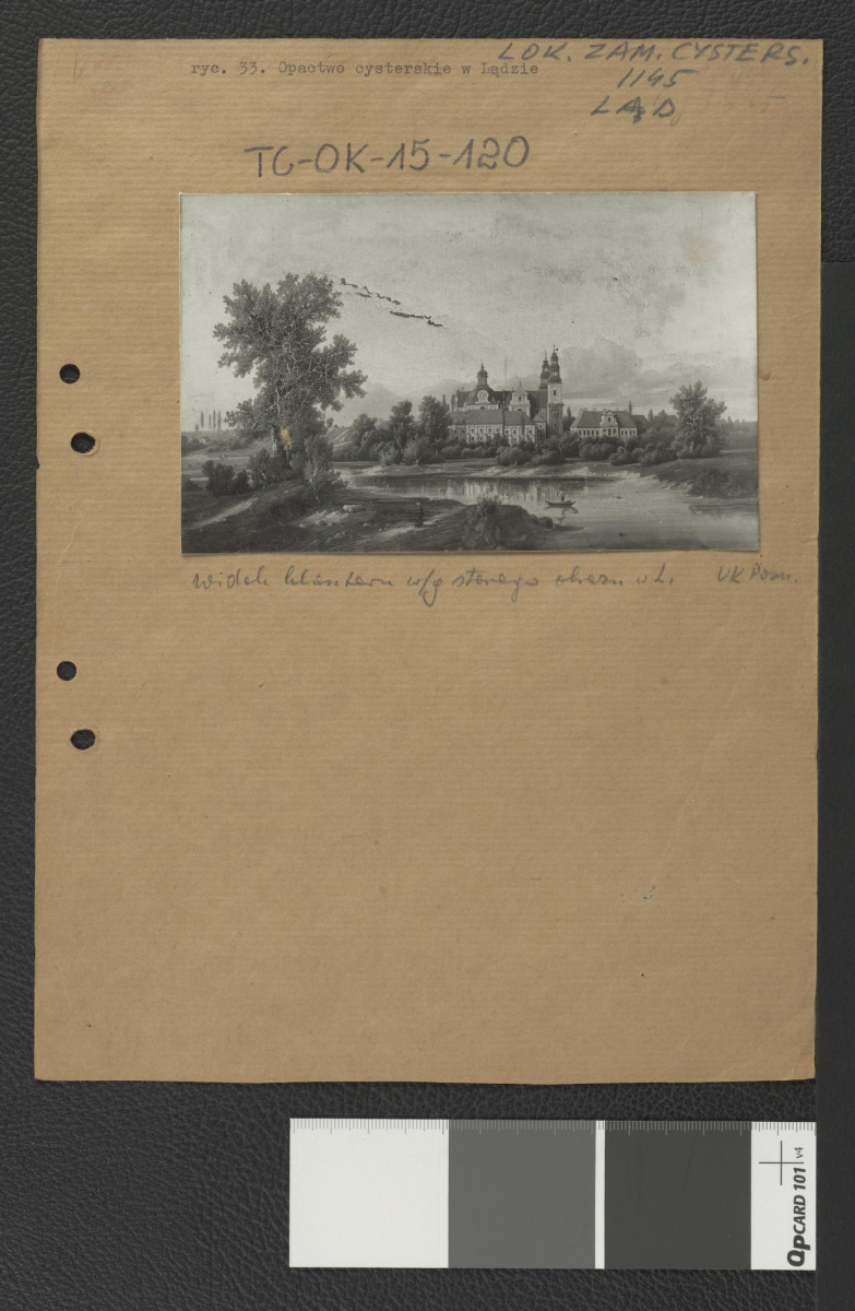 fotografia pejzażu prawdopodobnie z końca XVIII wieku lub XIX wieku przedstawiająca widok na miejscowy klasztor z drugiego brzegu Warty, prawdopodobnie od południa, skan 1