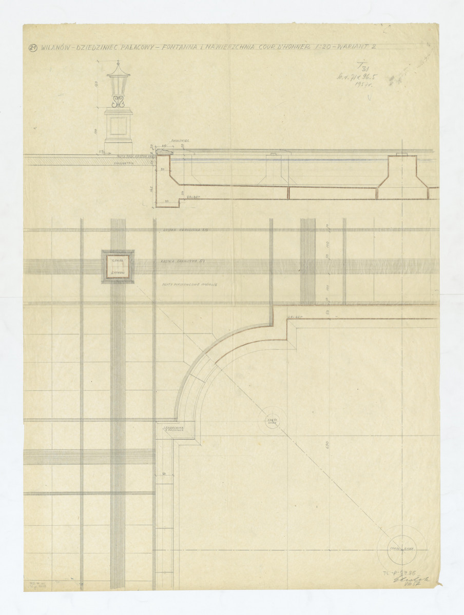Wilanów-roboczy projekt  dziedzińca. Fontanna i nawierzchnia cour d'honneur (wariant 2), skan 1