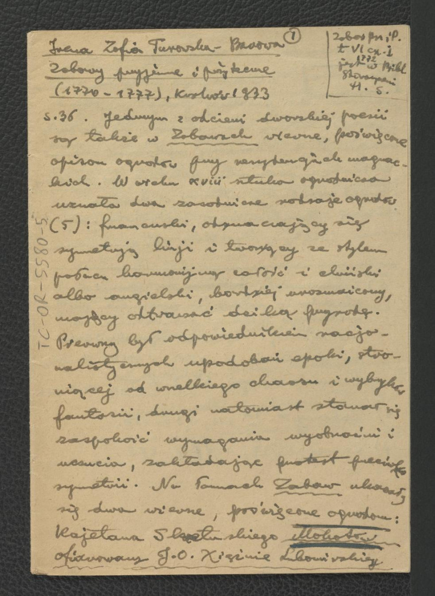 wypis z Irena Zofia Turowska-Barowa, …. w: „Zabawy Przyjemne i Pożyteczne” t. I – IV, cz. 1, t. IX (1770-1777), s. 49, 51, 136-150; 170-172 dotyczący ogrodów w okolicach Warszawy; sześć kart  , skan 1