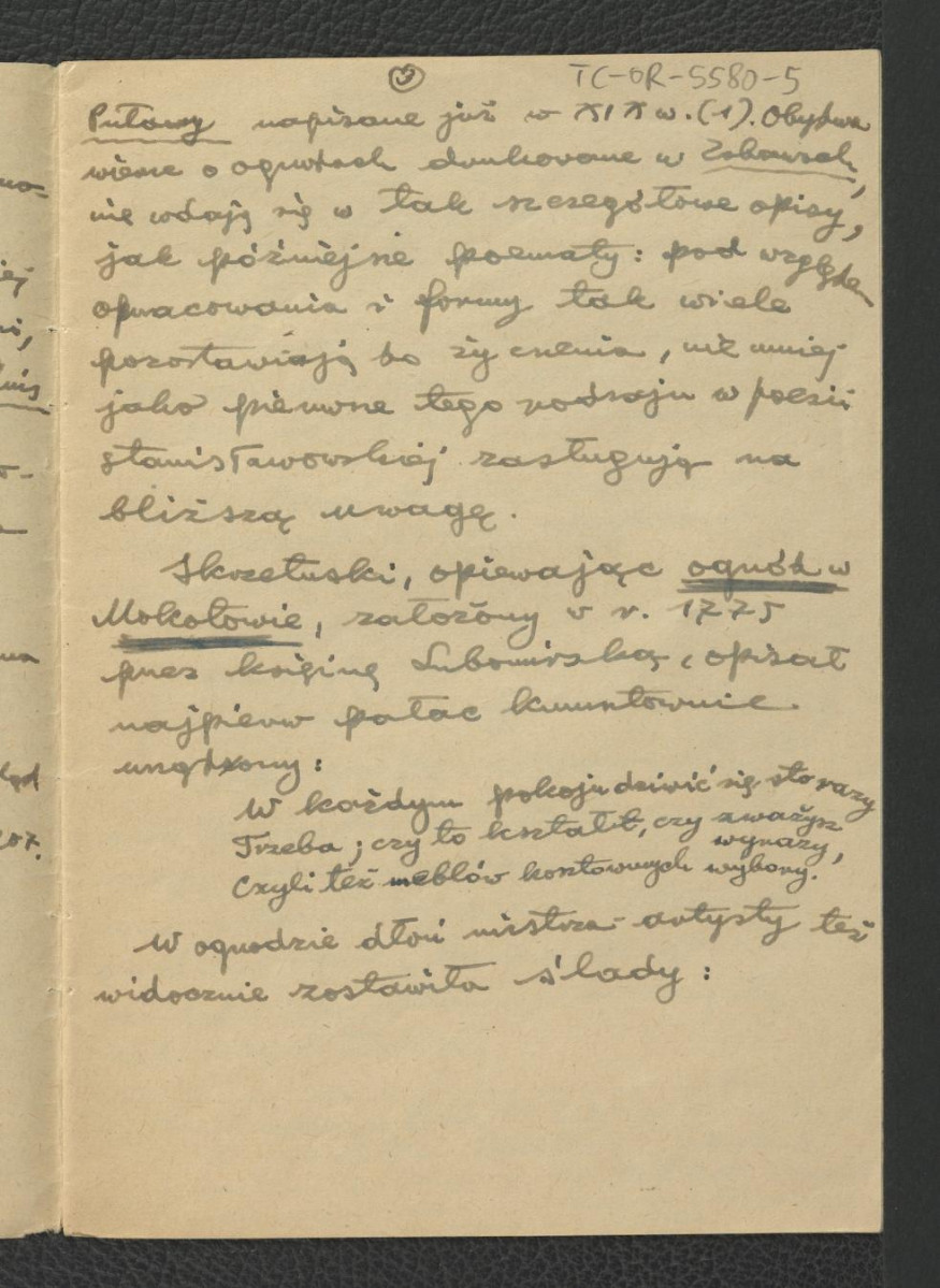 wypis z Irena Zofia Turowska-Barowa, …. w: „Zabawy Przyjemne i Pożyteczne” t. I – IV, cz. 1, t. IX (1770-1777), s. 49, 51, 136-150; 170-172 dotyczący ogrodów w okolicach Warszawy; sześć kart  , skan 3
