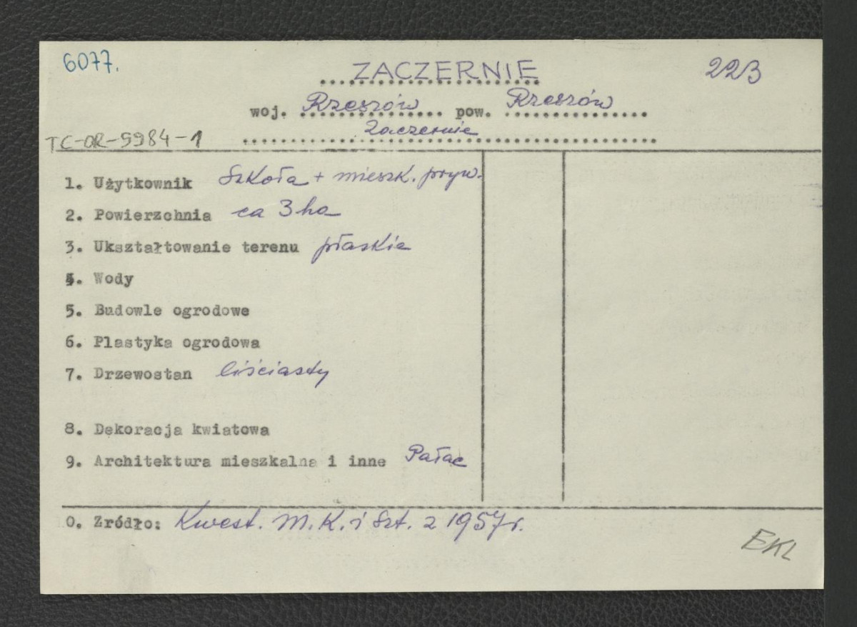 wypis z Kwestionariusz Ministerstwa Kultury i Sztuki z1957 r.; brak obwoluty , skan 1